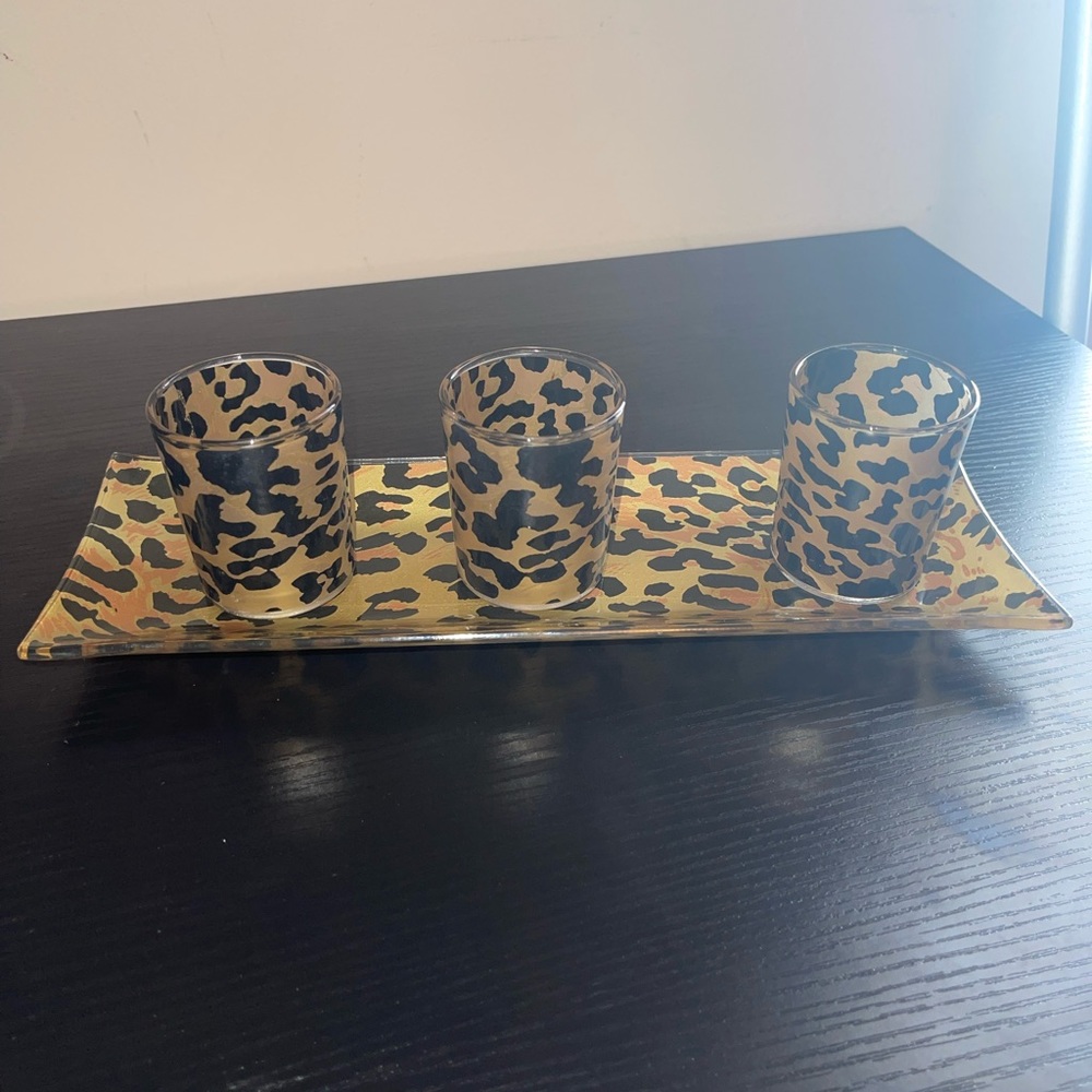 Home Decor 4pc Leopard Print Tray & Candle Holder Set